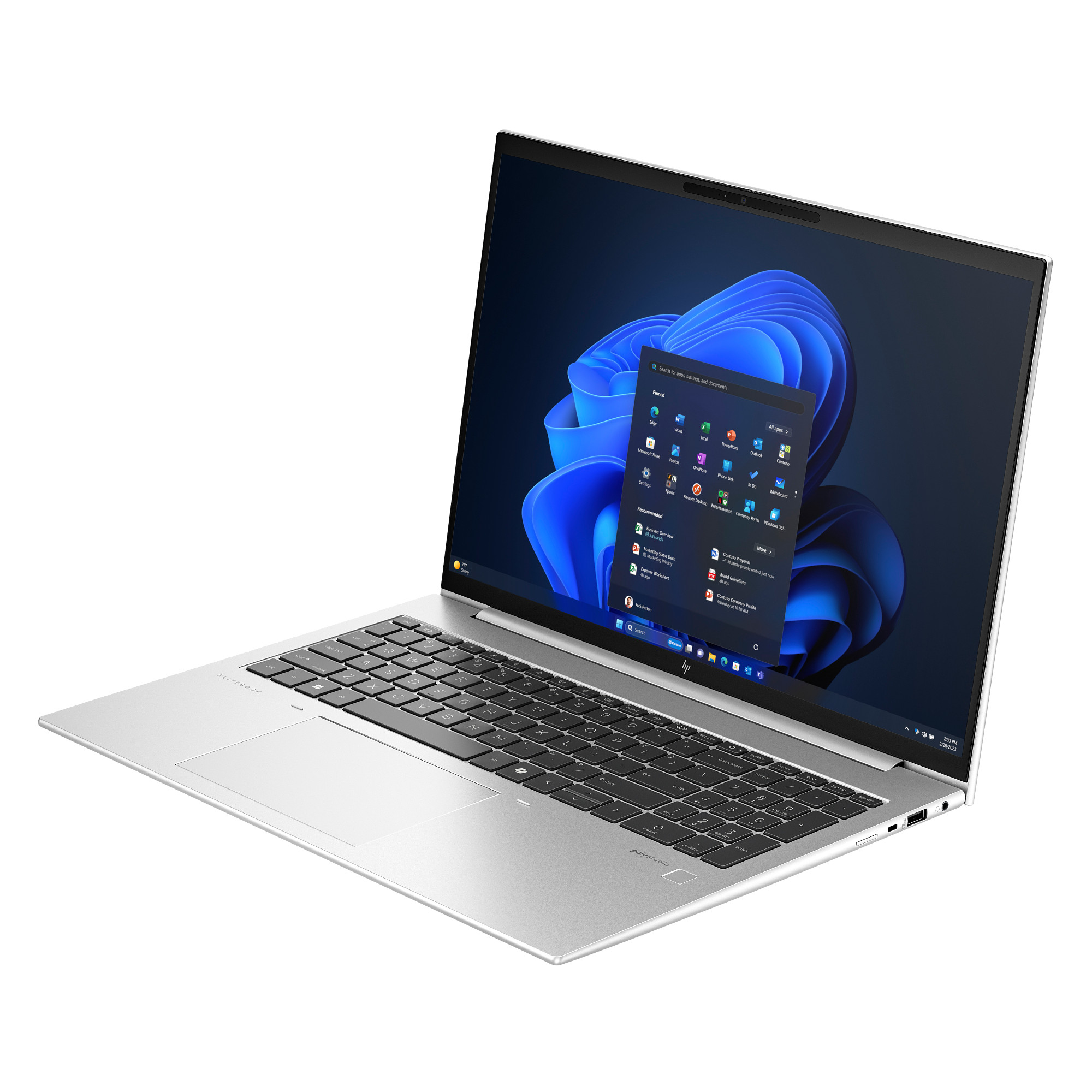 Ein silbernes HP EliteBook Laptop auf weißer Oberfläche mit Windows 11 Startmenü und blauem abstrakten Hintergrundbild.