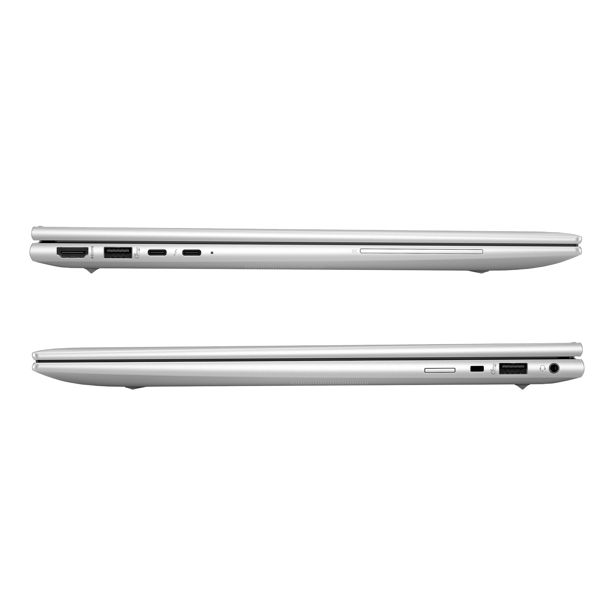 Seitenansichten eines silbernen Laptops mit Anschlüssen und Steckplätzen auf beiden Seiten.