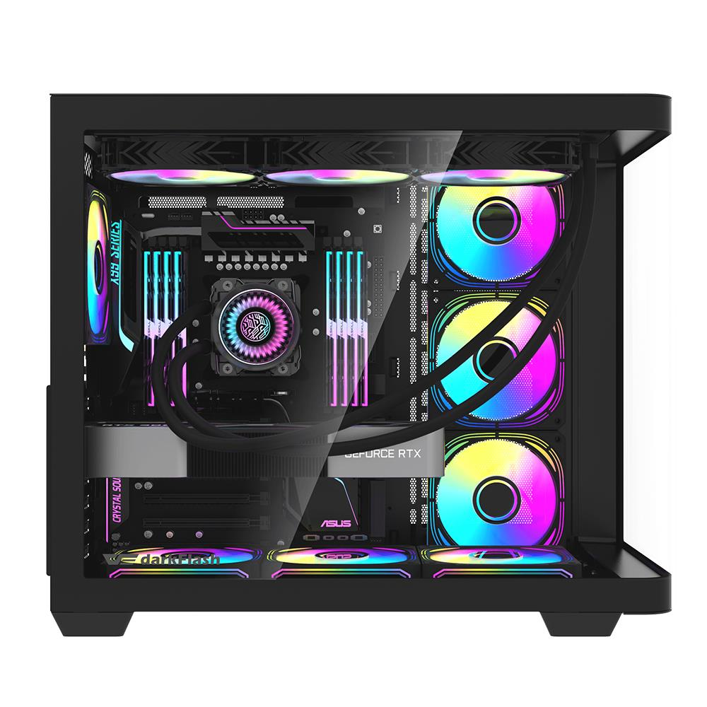 İçinde canlı RGB aydınlatma, sıvı soğutma, RAM ve ışıklı fanlar olan siyah bir PC kasası.