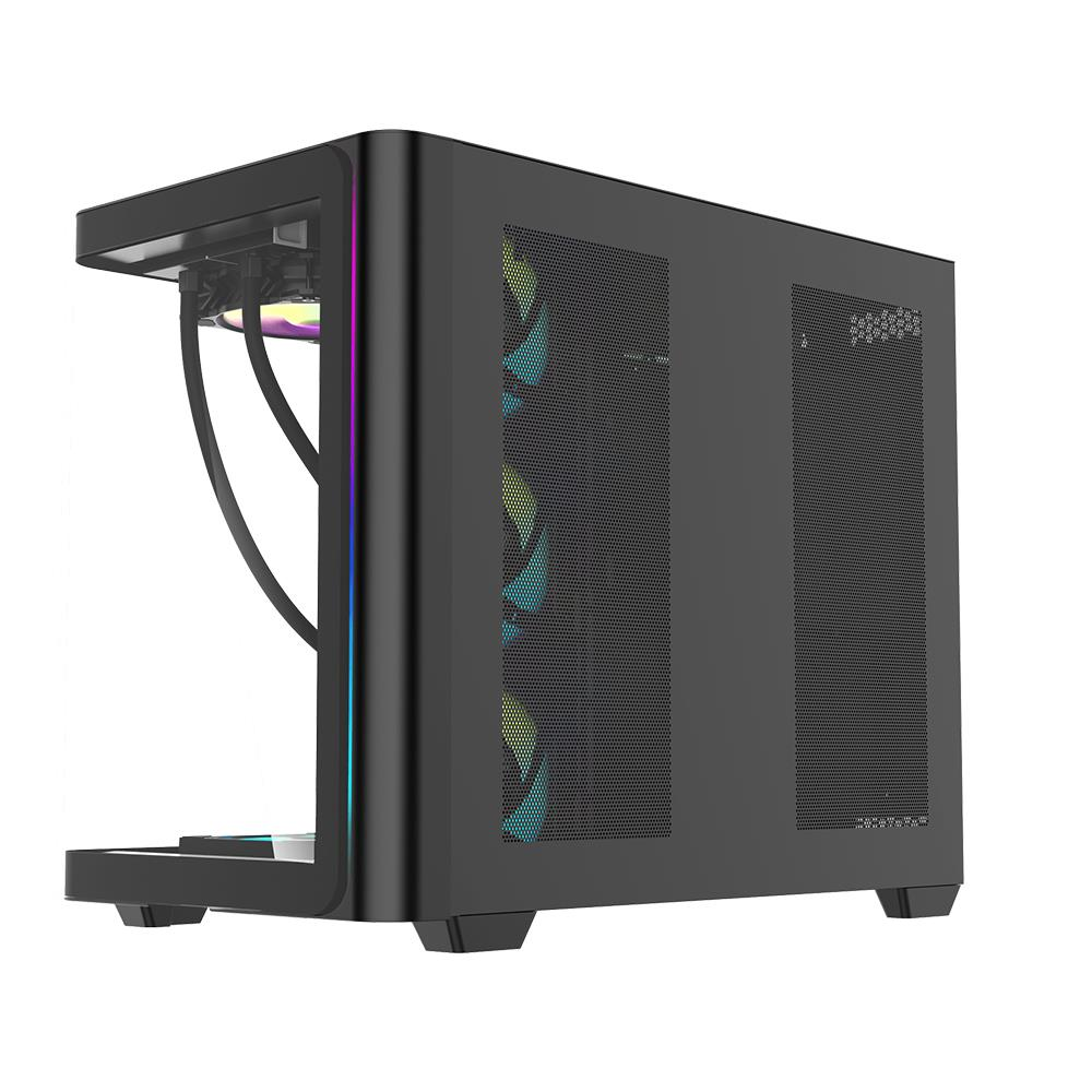 Beyaz arka planda RGB fanlı ve cam önlü siyah bilgisayar kasası.