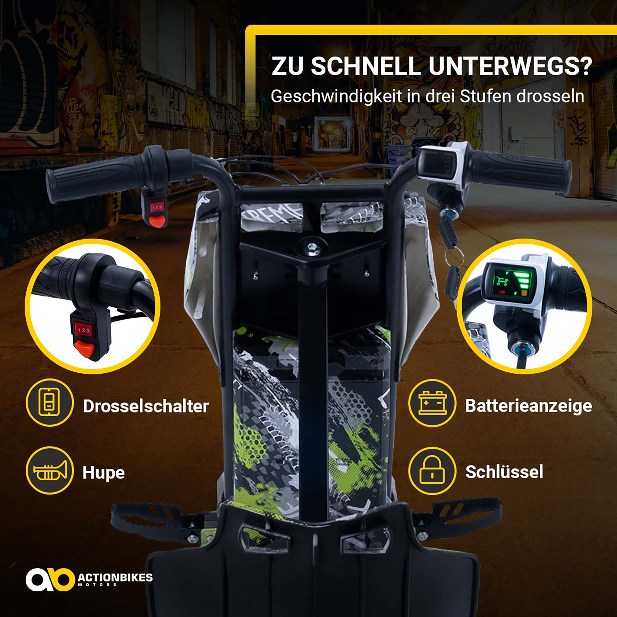 E-Scooter Lenker mit Drosselschalter, Batterieanzeige, Schlüssel und Hupe vor Graffiti-Hintergrund.