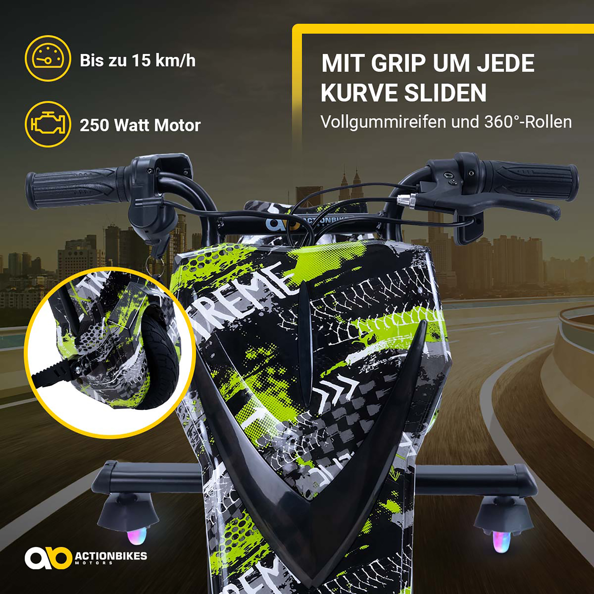 Lenker eines elektrischen Drift Trikes mit schwarzem und neongrünen Design vor einer Skyline.