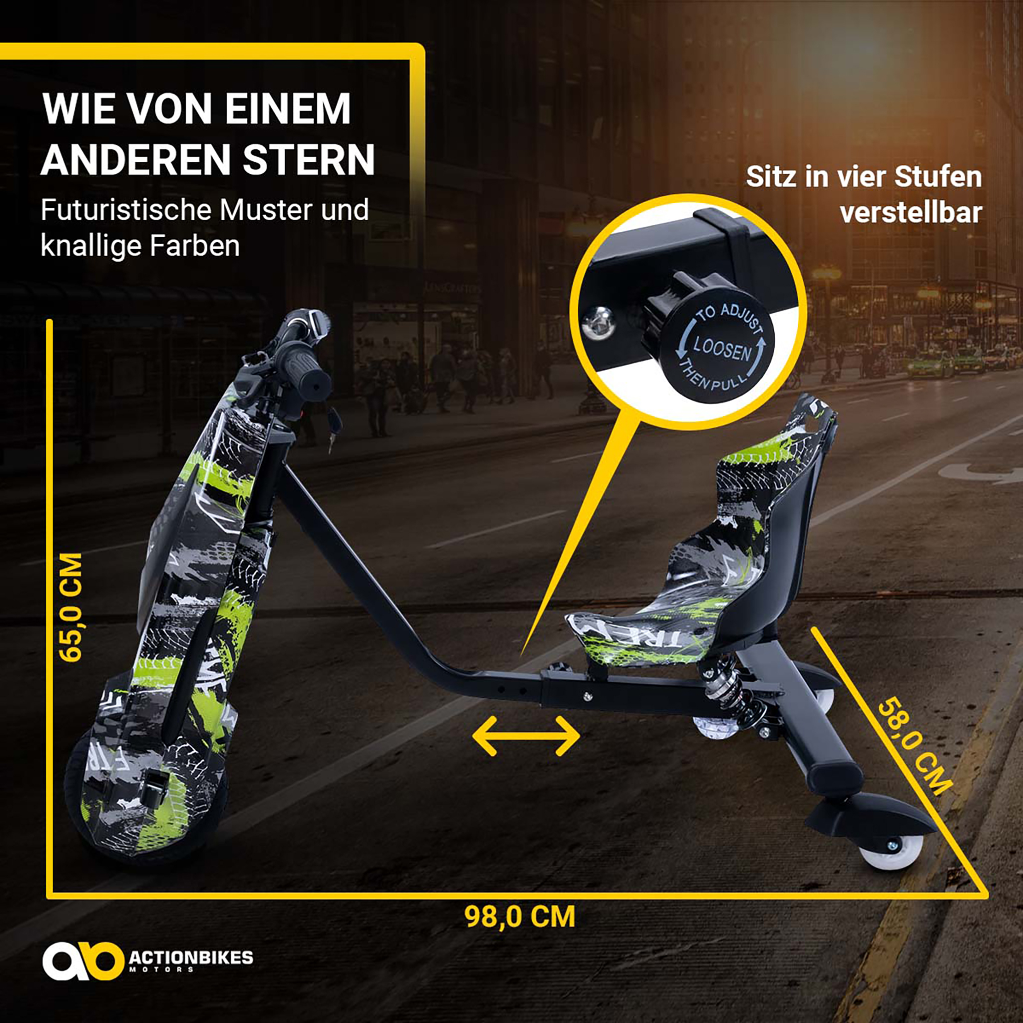 Ein schwarz-grünes Drift-Trike mit Maßen, gemustertem Sitz und verstellbarem Rahmen auf einer verschwommenen Straße.