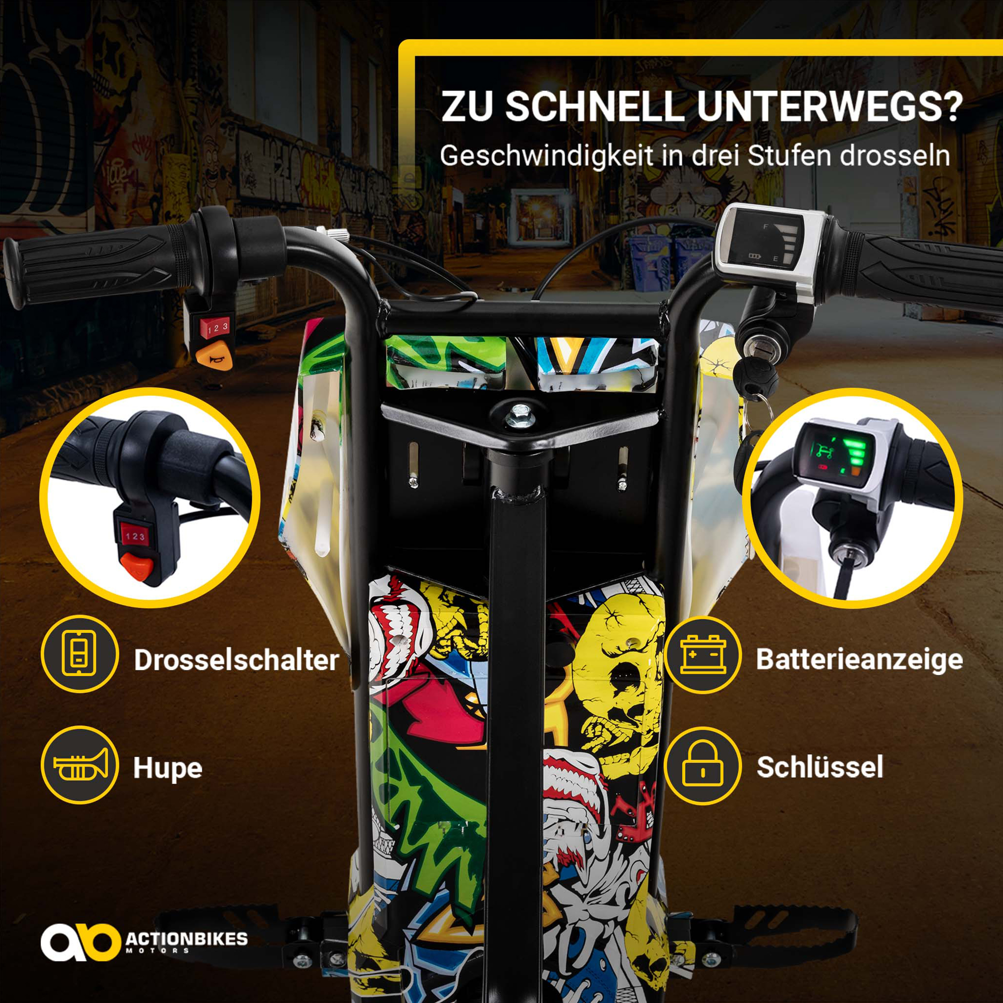 Lenker eines bunten E-Scooters mit Details wie Drosselschalter, Hupe, Batterieanzeige und Schlüsselschalter.