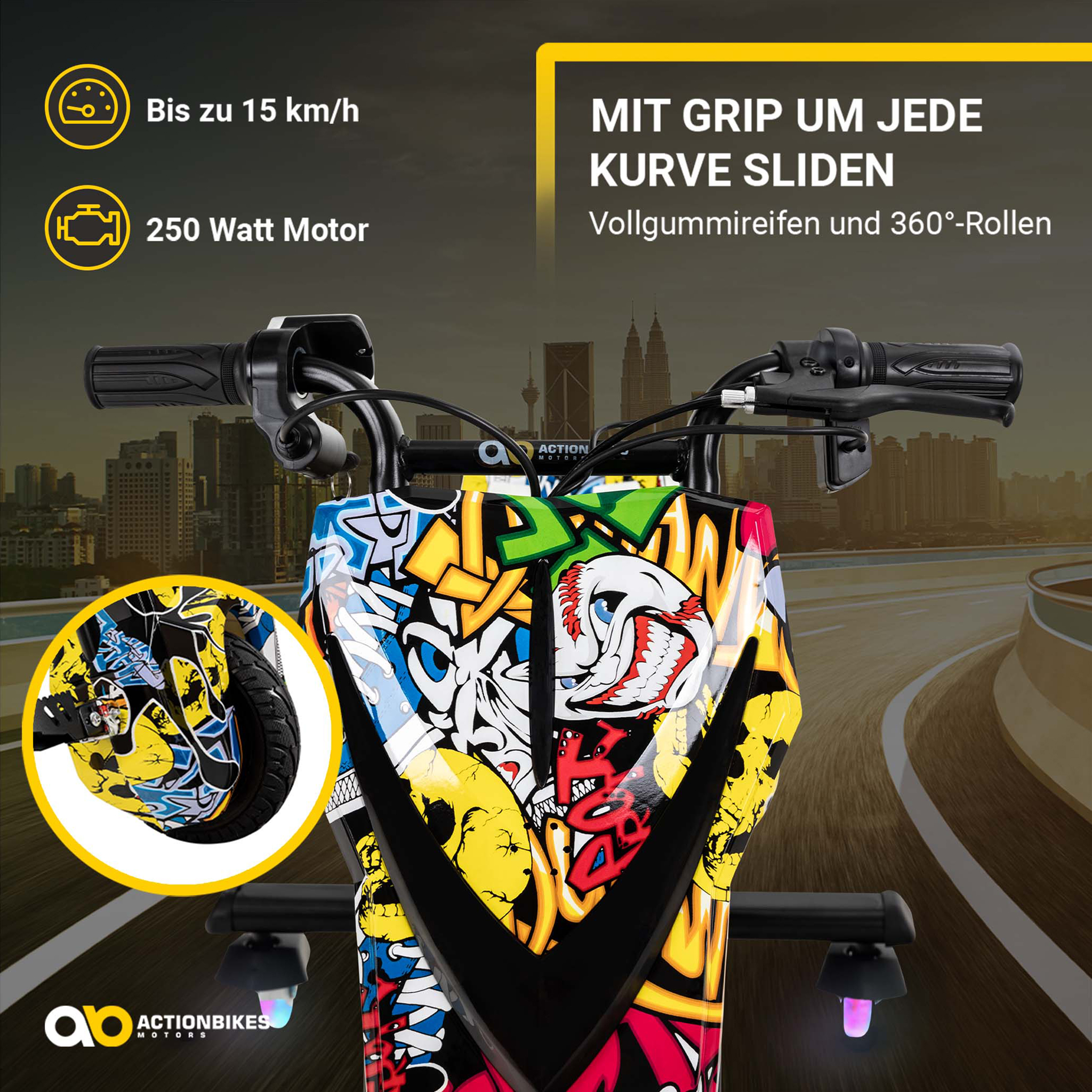 Lenker eines bunten Graffiti-Driftbikes vor einer Stadtkulisse mit Textinhalten.