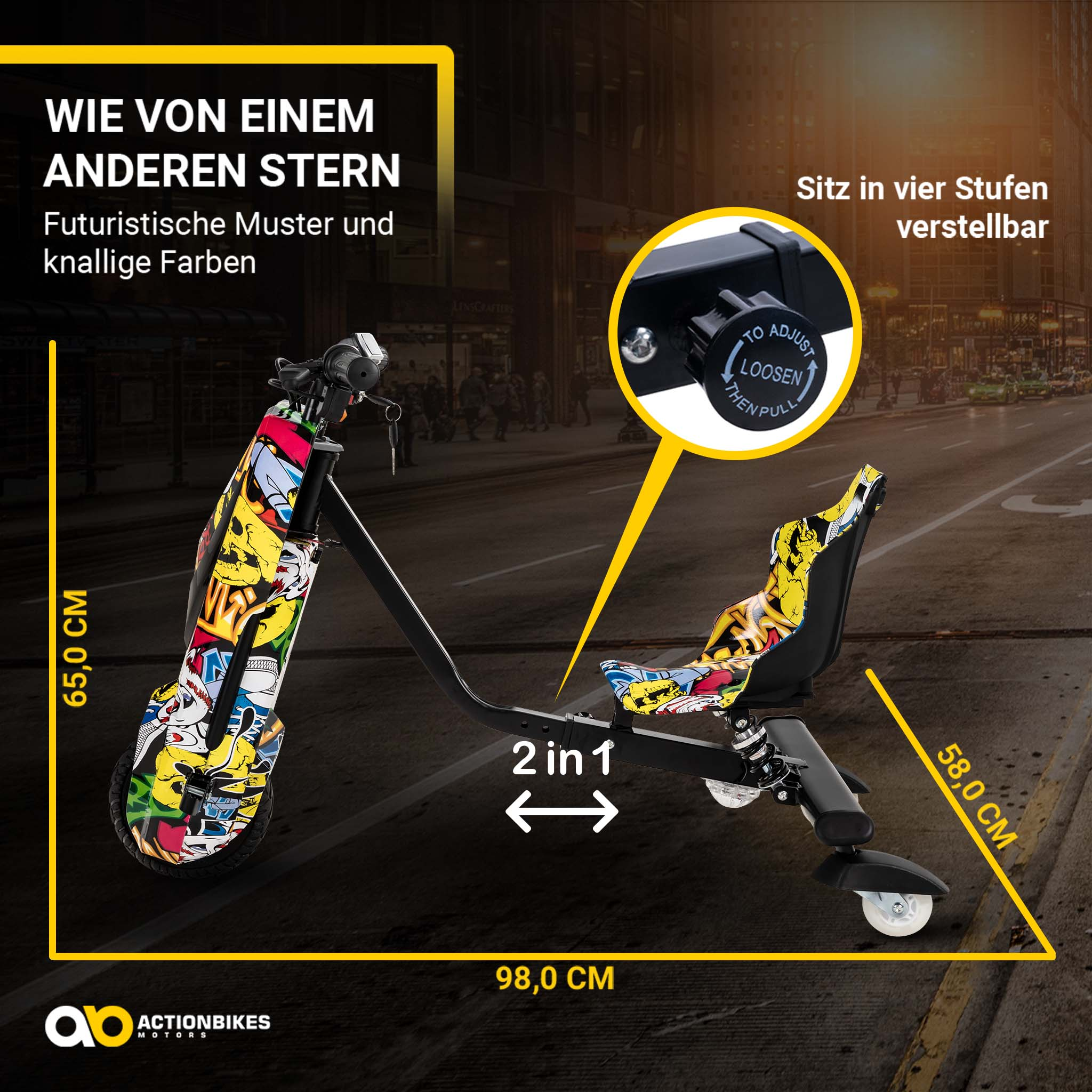 Ein futuristischer dreirädriger Roller mit Graffiti-Muster, verstellbarem Sitz und Maßangaben auf städtischem Hintergrund.