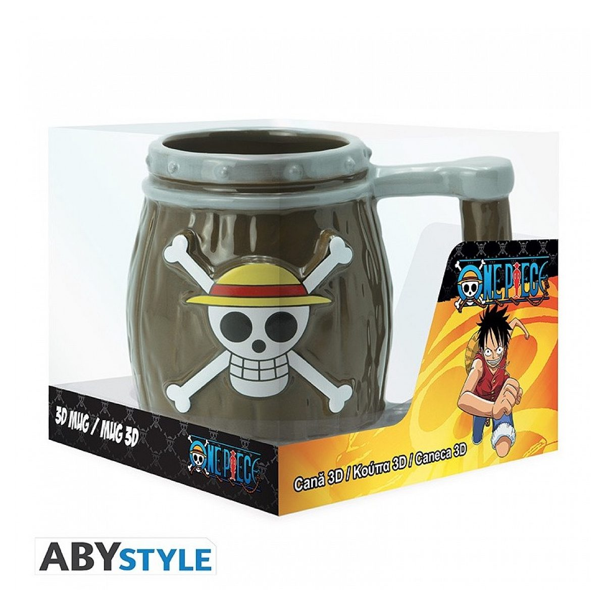 Una taza marrón de One Piece en forma de barril con calavera y sombrero de paja en su caja.
