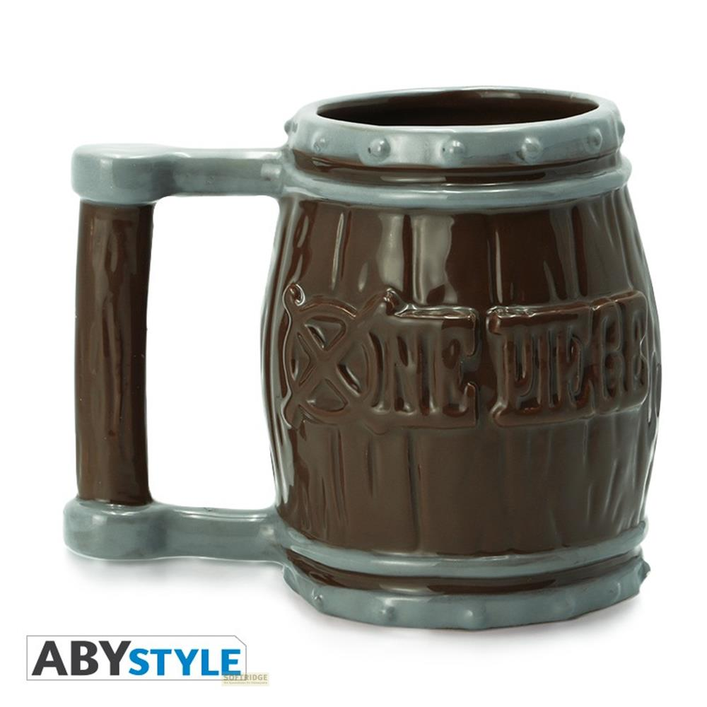 Taza de jarra de cerveza marrón con banda gris y asa sobre fondo blanco.