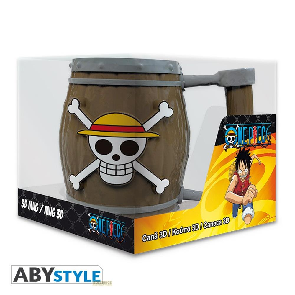 Una taza 3D de barril de madera de One Piece con calavera y sombrero de paja en su caja.