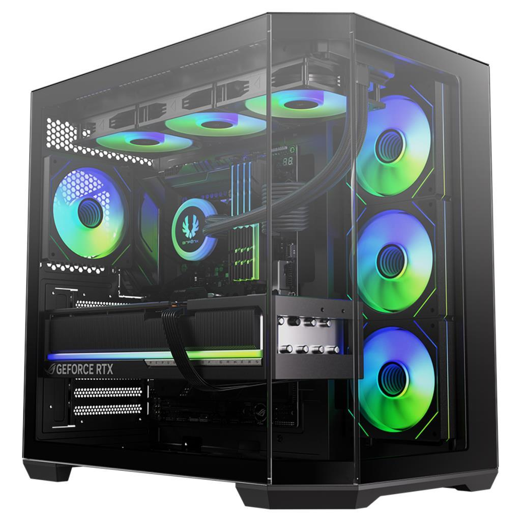 Cam kasalı, gökkuşağı renkli aydınlatmalı fanlara ve Geforce RTX grafik kartına sahip siyah bir masaüstü bilgisayar.