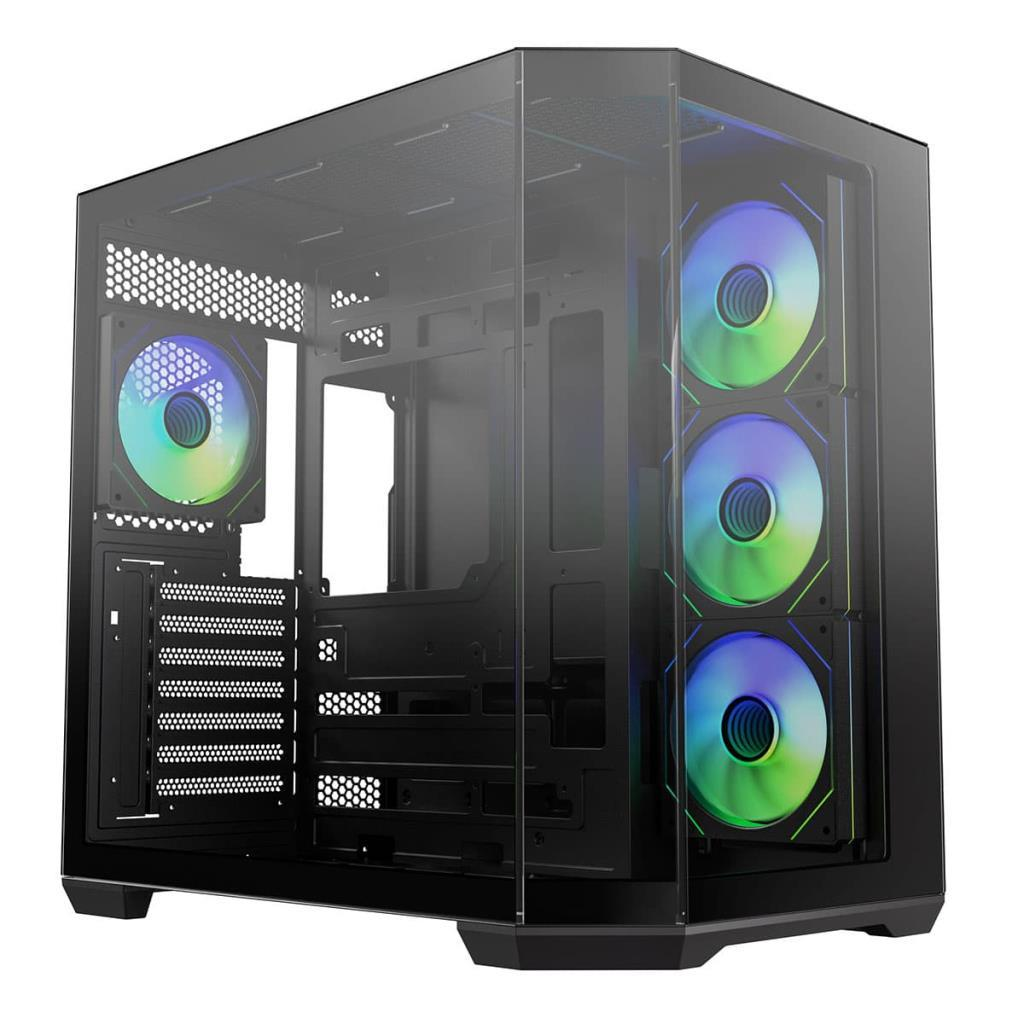Dört renkli RGB fanlı ve görünür iç kısımlı siyah cam bilgisayar kasası.