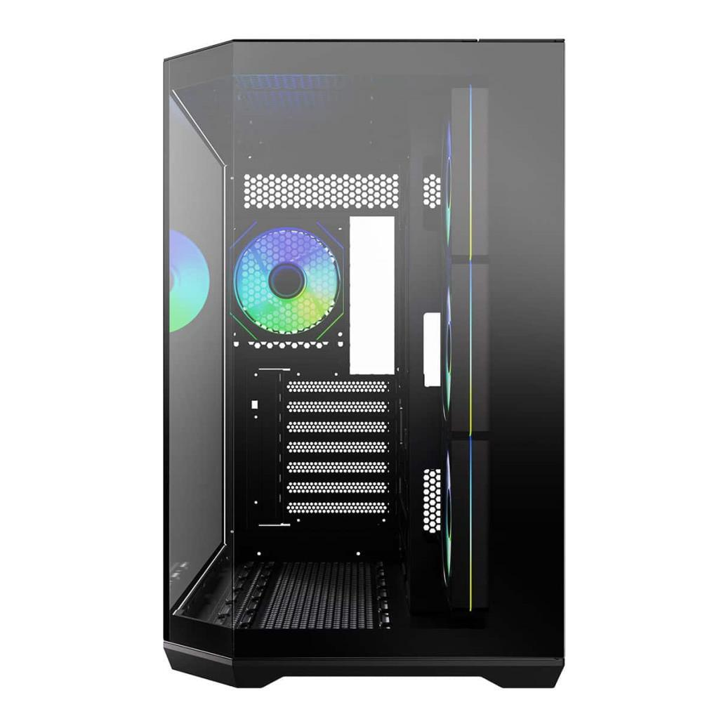 Cam yan panelli, iç bileşenleri ve aydınlatmalı RGB fanı olan siyah bir PC kasası.