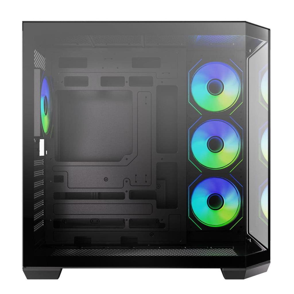 Cam yan panelli ve içindeki ışıklı RGB fanlı siyah bilgisayar kasası.