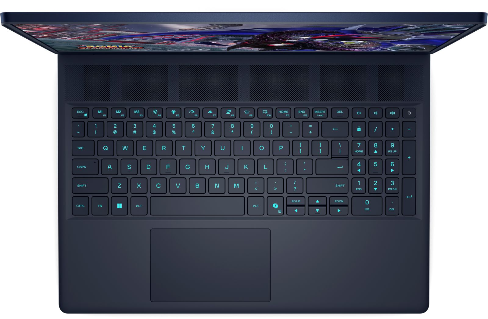 Draufsicht auf einen blauen Laptop mit beleuchteter Tastatur und einem Display oben.