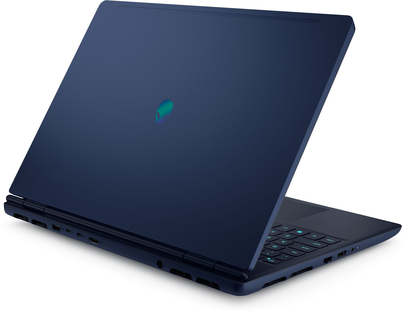 Ein geschlossener blauer Laptop mit einem irisierenden Logo auf dem Deckel und Anschlüssen auf der Rückseite.