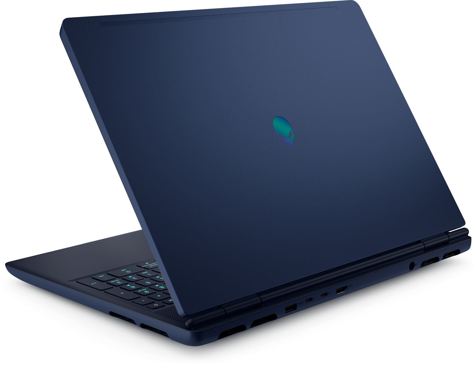 Ein dunkelblauer Laptop mit geöffnetem Bildschirm zeigt die Tastatur und Anschlüsse hinten.