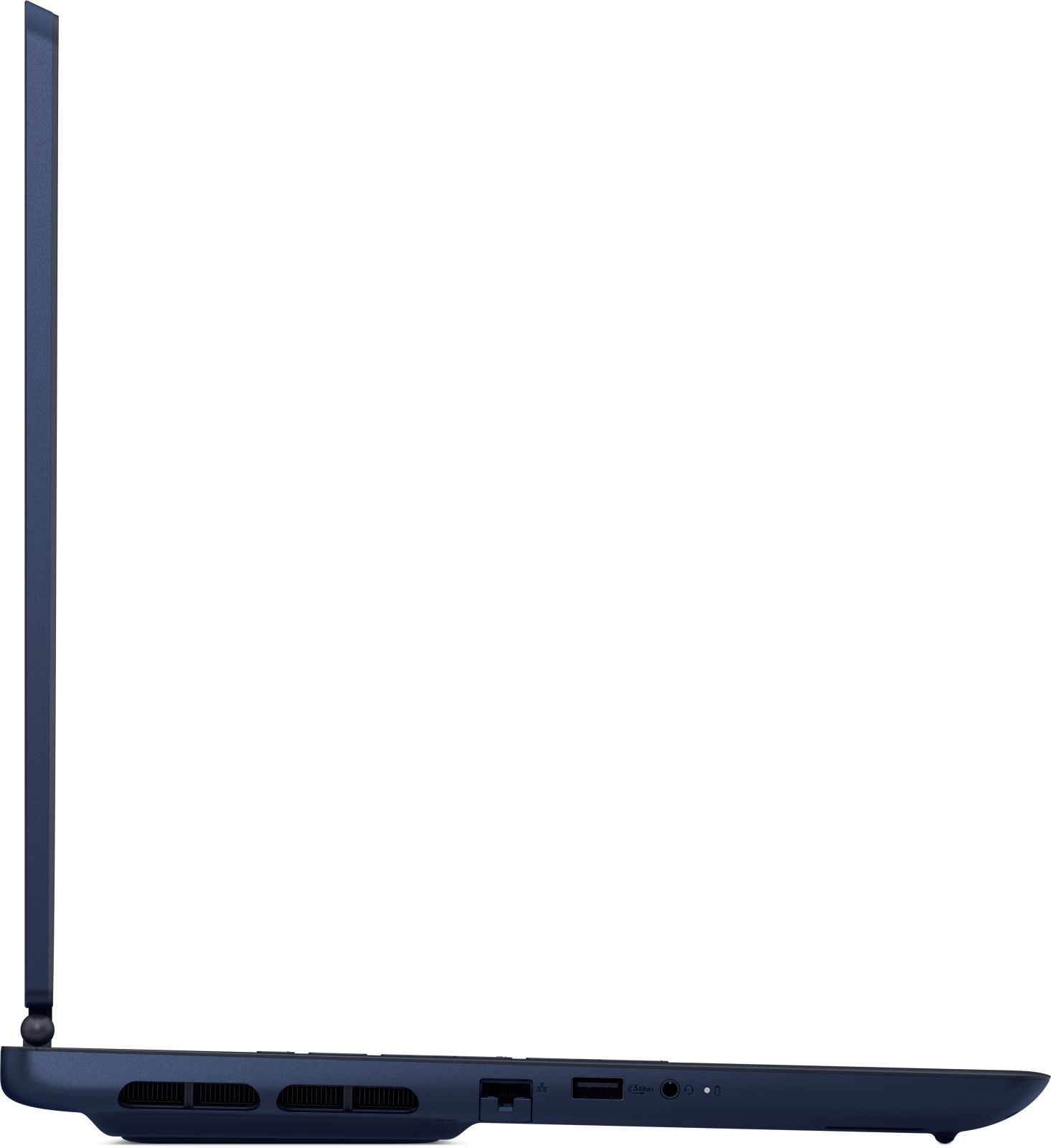 Seitenansicht eines blauen Laptops mit Lüftungsschlitzen, Ethernet-Anschluss und USB-Port.