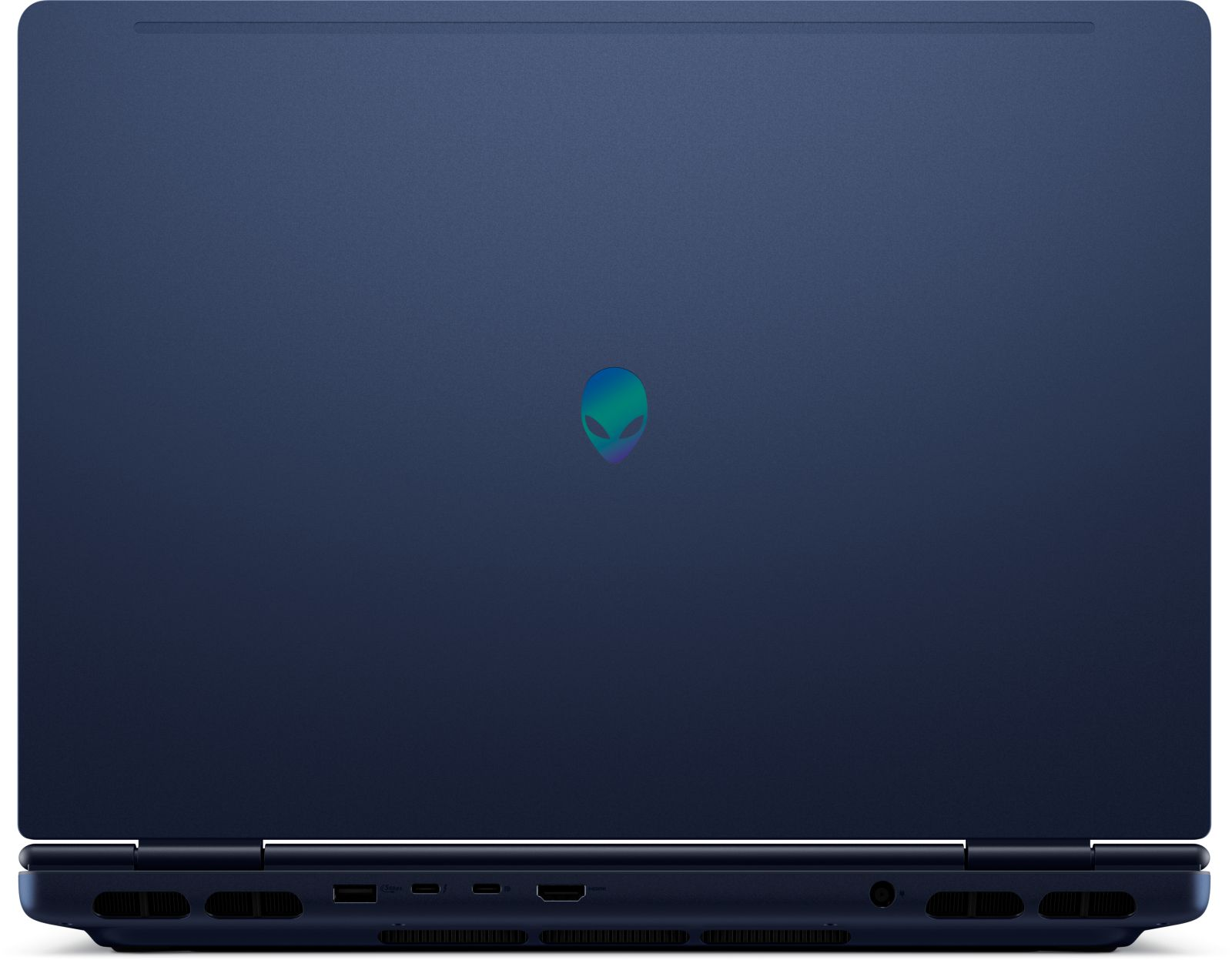 Dunkelblauer Laptop von hinten mit schimmerndem Alien-Logo und Anschlüssen an der Unterseite.