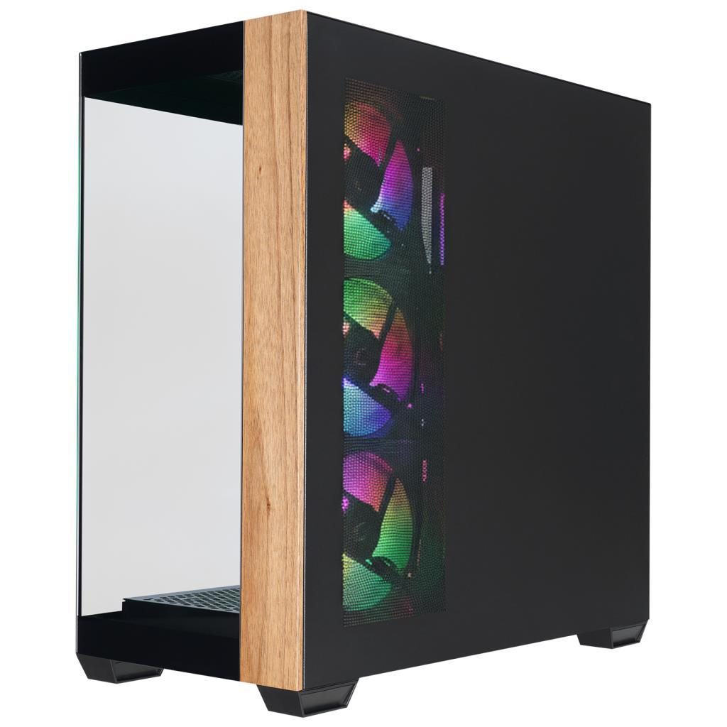 Ahşap ön panelli ve yanda üç RGB fanlı siyah bilgisayar kasası.