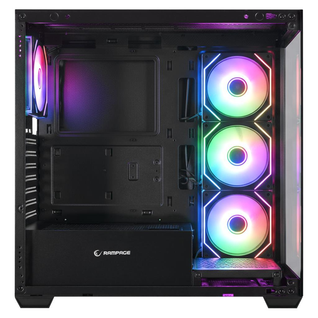RGB fanlı ve Rampage logolu siyah oyuncu bilgisayarı kasasının iç görünümü.