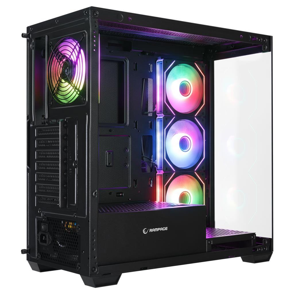 Cam yan panelli ve dört renkli RGB fanlı siyah bilgisayar kasası.