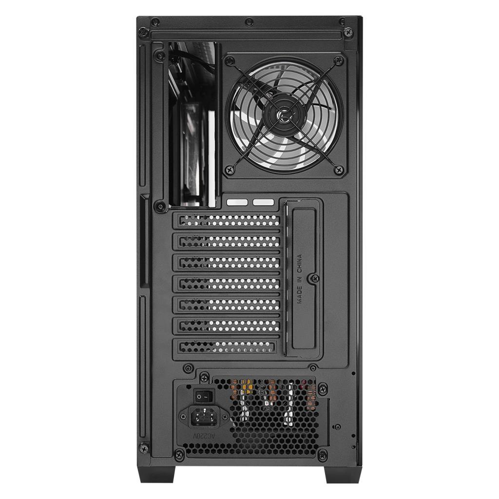 Soğutma fanı, genişletme yuvaları ve güç kaynağı olan siyah bir PC kasasının arkası.