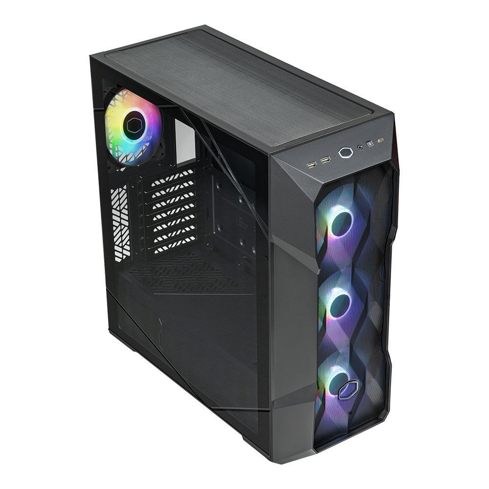 Cam yan panelli ve dört RGB fanlı siyah bilgisayar kasası.