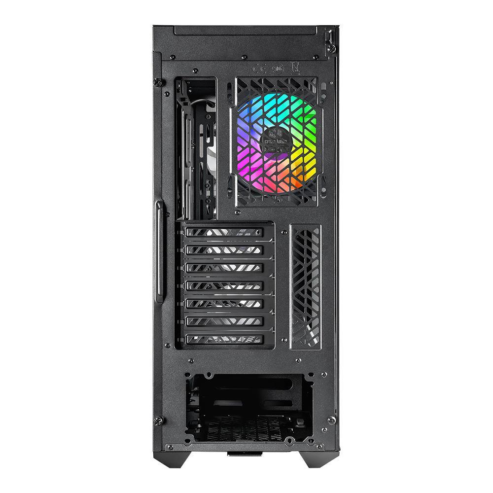 Aydınlatılmış RGB fanı, genişleme yuvaları ve güç kaynağı bölmesi olan siyah bir bilgisayar kasasının arkadan görünümü.