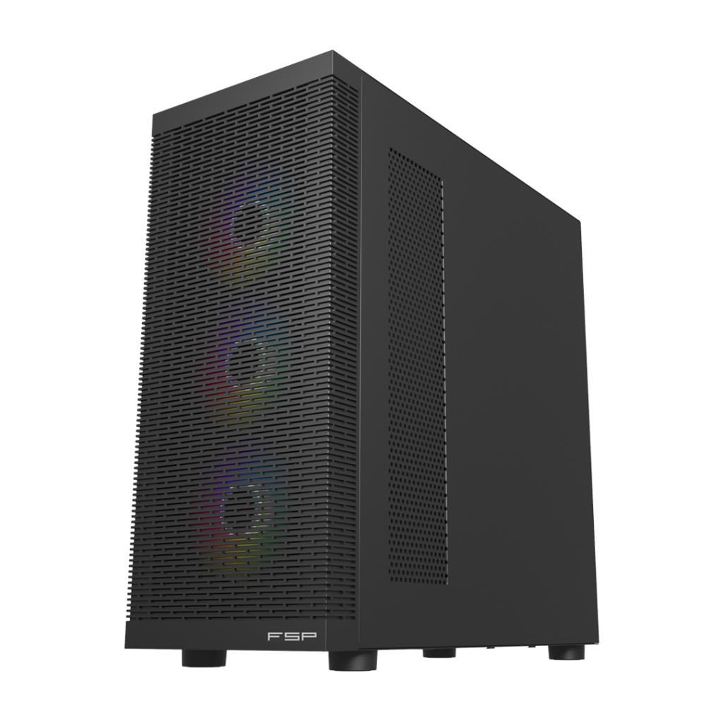 Beyaz arka planda örgü ön panelli ve görünür RGB fanlı siyah FSP PC kasası.