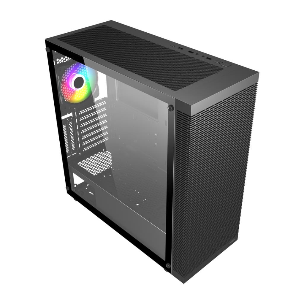 Beyaz arka planda cam yan panelli ve içindeki ışıklı RGB fanlı siyah bilgisayar kasası.
