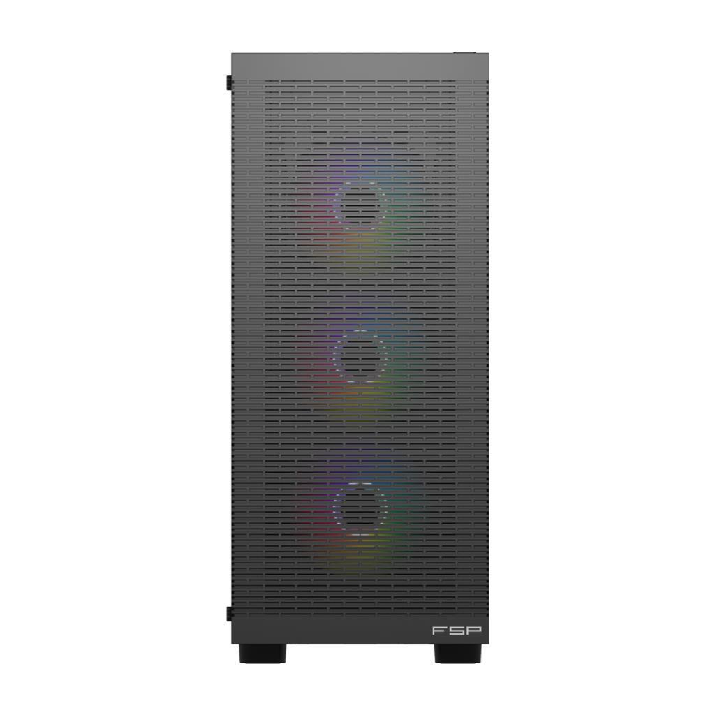 Delikli ön panelli ve görünür üç RGB fanlı gri bilgisayar kasası.