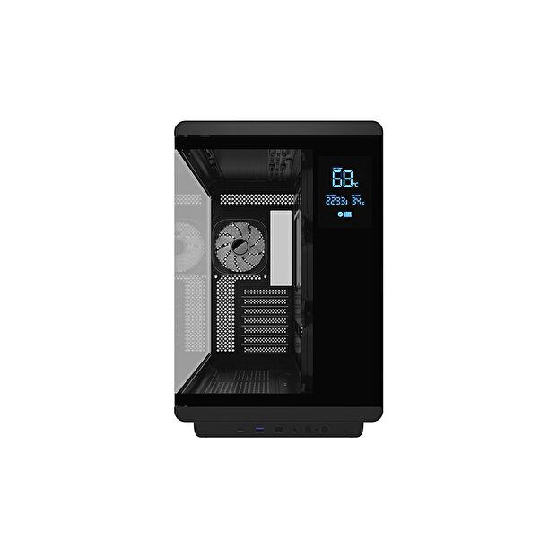 Cam yan panelli, mavi ekranlı ve dahili fanlı siyah PC kasası.
