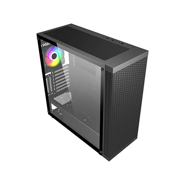 Cam yan panelli ve içinde yanan bir RGB fan olan siyah bilgisayar kasası.