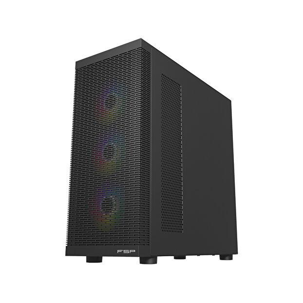 Ön kısmı delikli, üç görünür RGB fanlı siyah bir bilgisayar kasası beyaz arka planda duruyor.