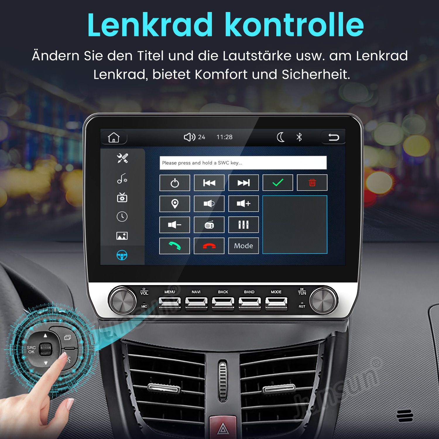 Auto-Multimedia-Display mit Lenkradsteuerungseinstellungen im Menü.