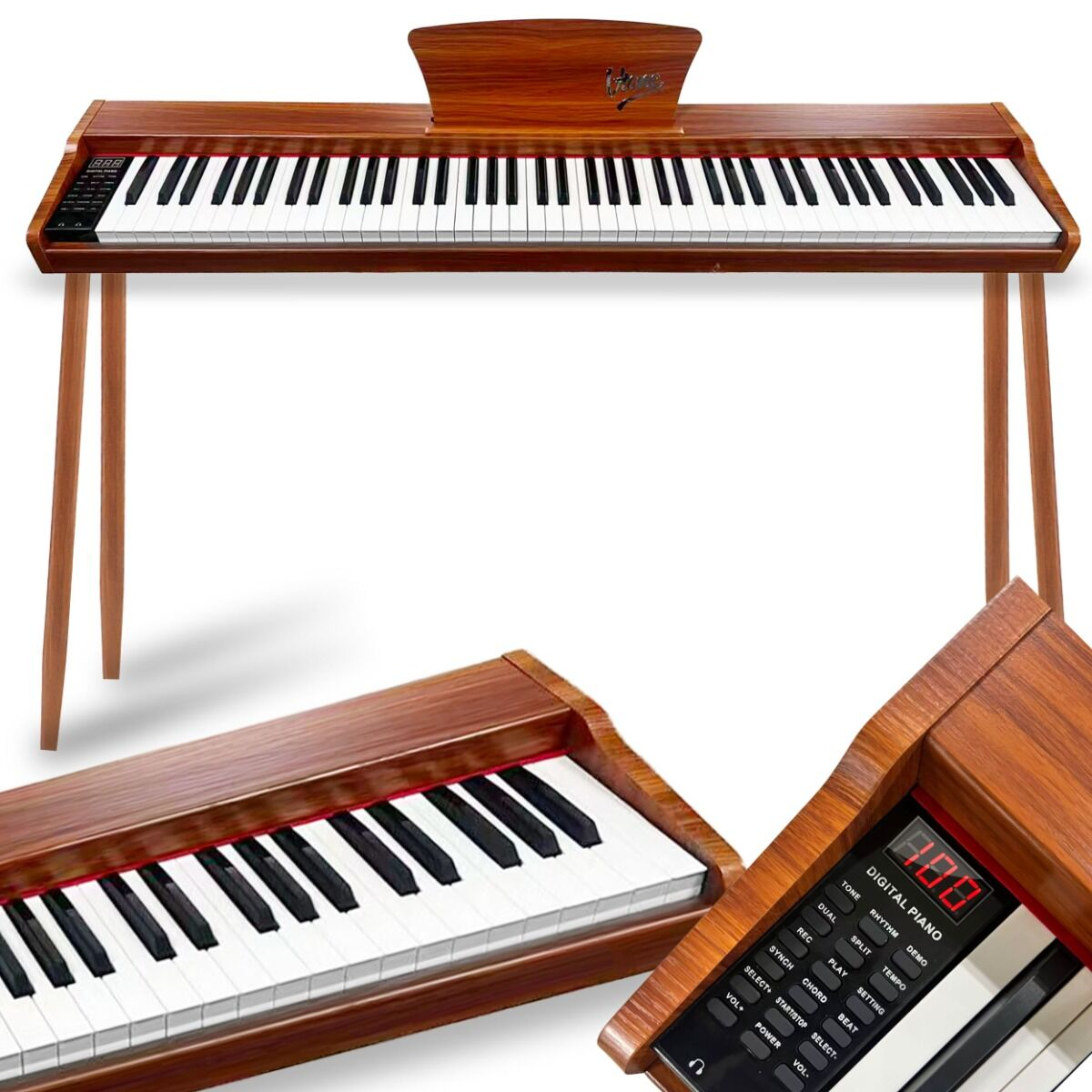 Ein elegantes Digitalpiano mit Holzfinish und integriertem Bedienfeld, komplett mit Ständer.