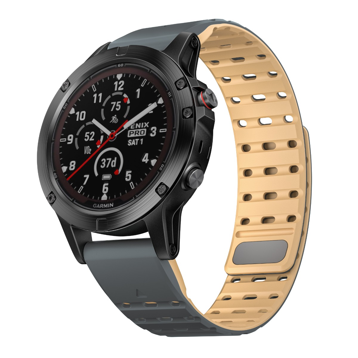 Eine schwarze Smartwatch mit rundem digitalen Zifferblatt und zweifarbigem Armband.