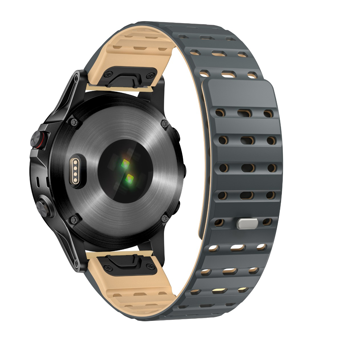 Rückseite einer Smartwatch mit Metallsensor, schwarzen Knöpfen und einem grauen Silikonarmband mit Perforationen.