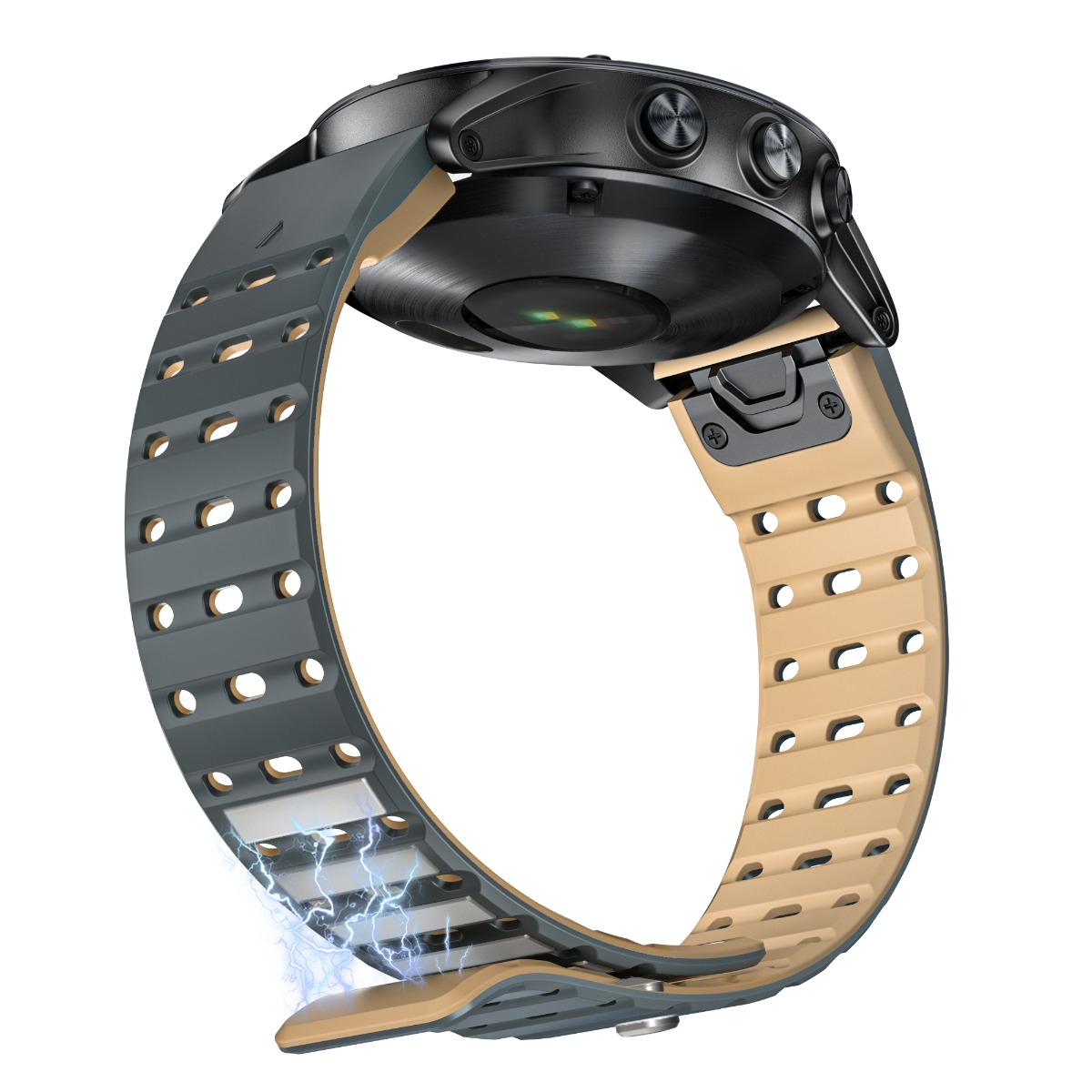 Eine schwarze Smartwatch mit einem zweifarbigen grau-beigen Armband und blauen Blitzen.