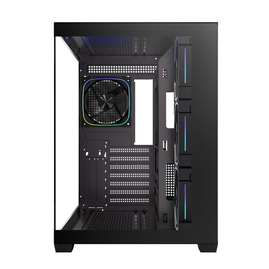 Cam yan panelli, bir fanlı ve RGB aydınlatmalı siyah bilgisayar kasası.