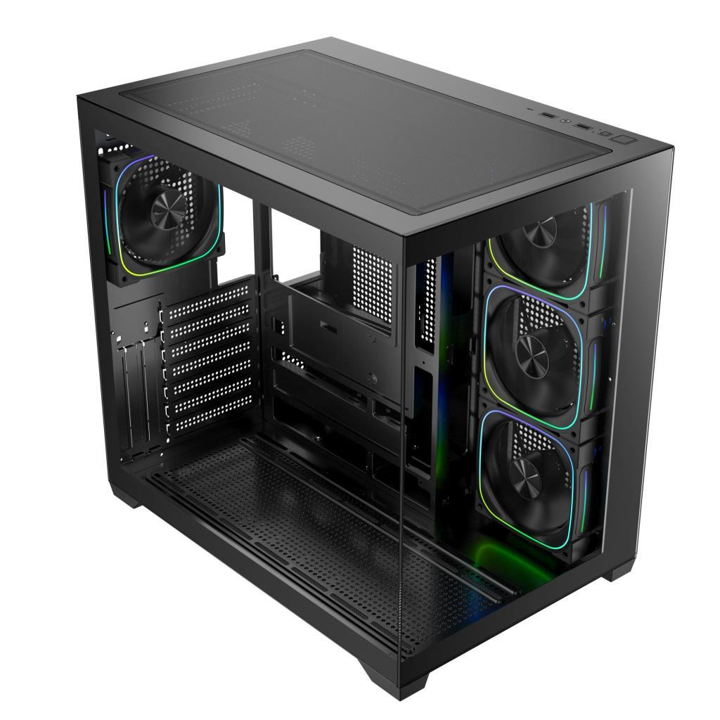 Cam ön panelli, ızgaralı üstü ve birden çok RGB fanlı siyah bilgisayar kasası.