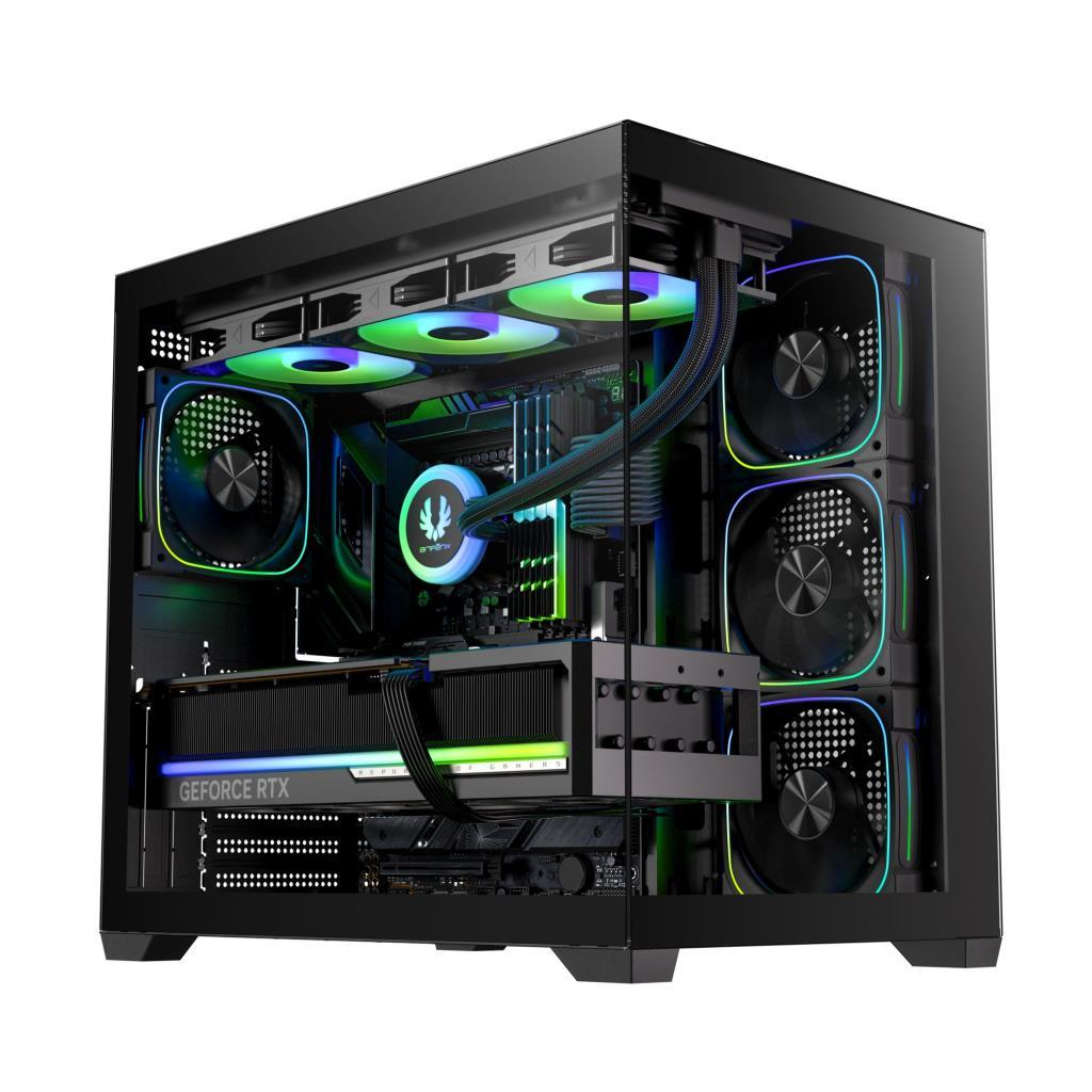 Cam panelli siyah bir bilgisayar kasası, iç bileşenleri, parlayan RGB fanları ve GeForce RTX grafik kartını gösteriyor.