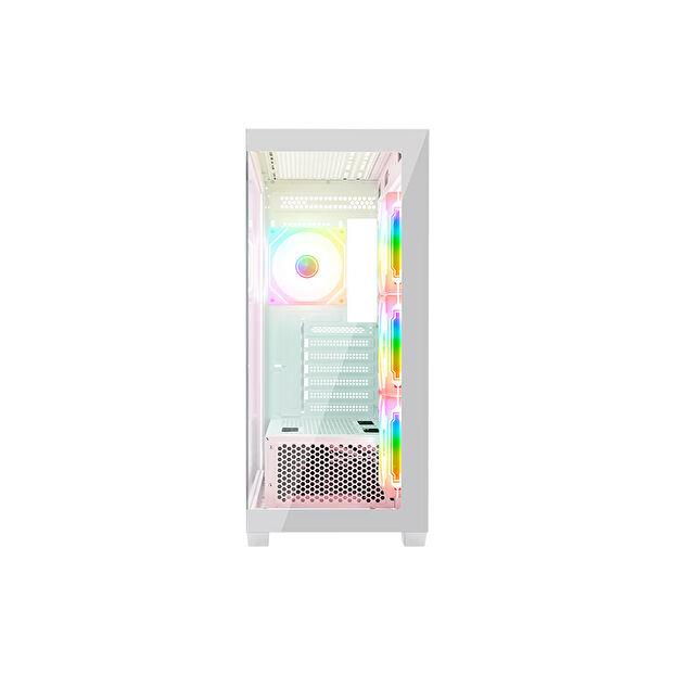 Beyaz arka planda parlayan RGB fanlara sahip beyaz bilgisayar kasası.
