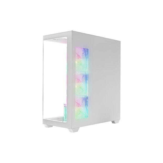 Önü camlı, yanında renkli RGB fanlar bulunan beyaz bir bilgisayar kasası, beyaz arka planda.