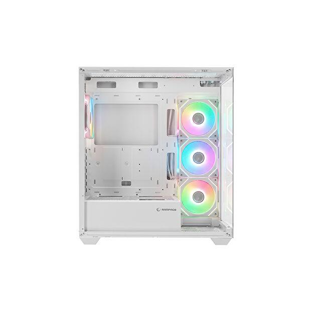 Önde üç ve arkada bir yanan RGB fanlı boş beyaz bilgisayar kasası.