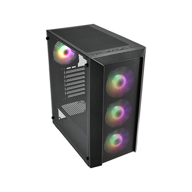 Beyaz arka planda, önünde ve arkasında RGB aydınlatmalı fanlar bulunan siyah bilgisayar kasası.