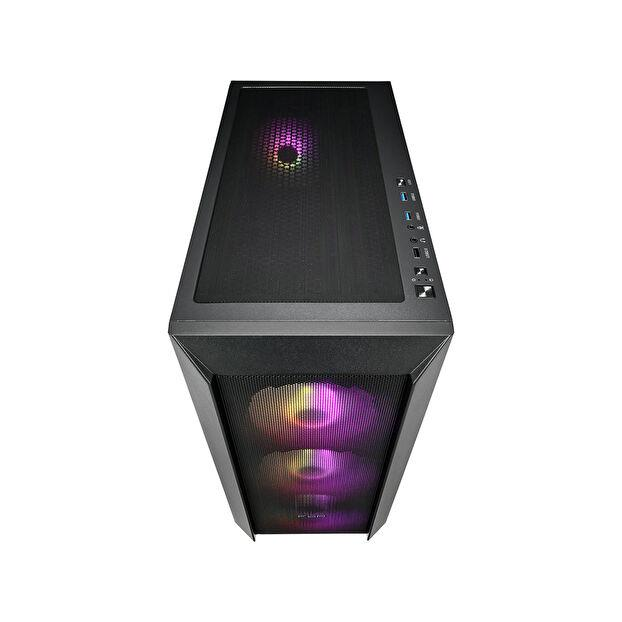 Ön ve üst fanlarda renkli RGB aydınlatma ve örgü paneller bulunan siyah bir PC kasa.