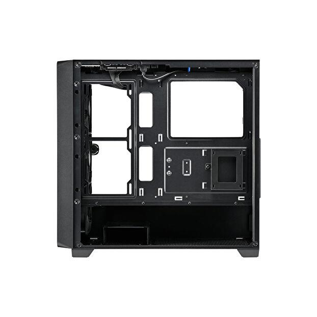 Boşluklar ve braketler içeren siyah bir PC kasasının içi.