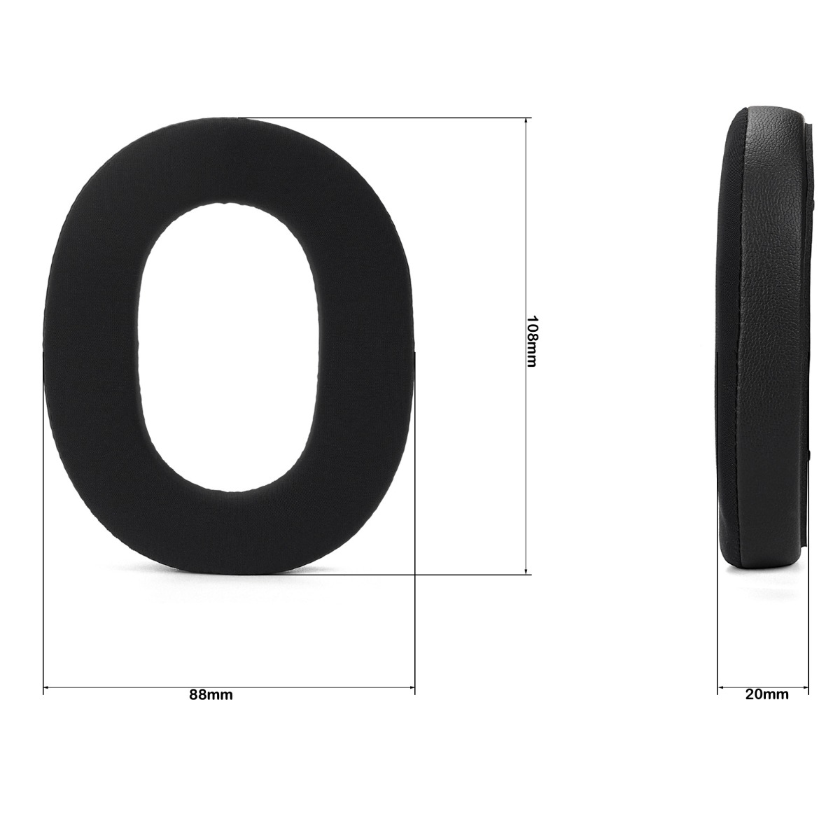 Technische Zeichnung von ovalen schwarzen Ohrpolstern mit Maßen 108mm Höhe, 88mm Breite und 20mm Dicke.