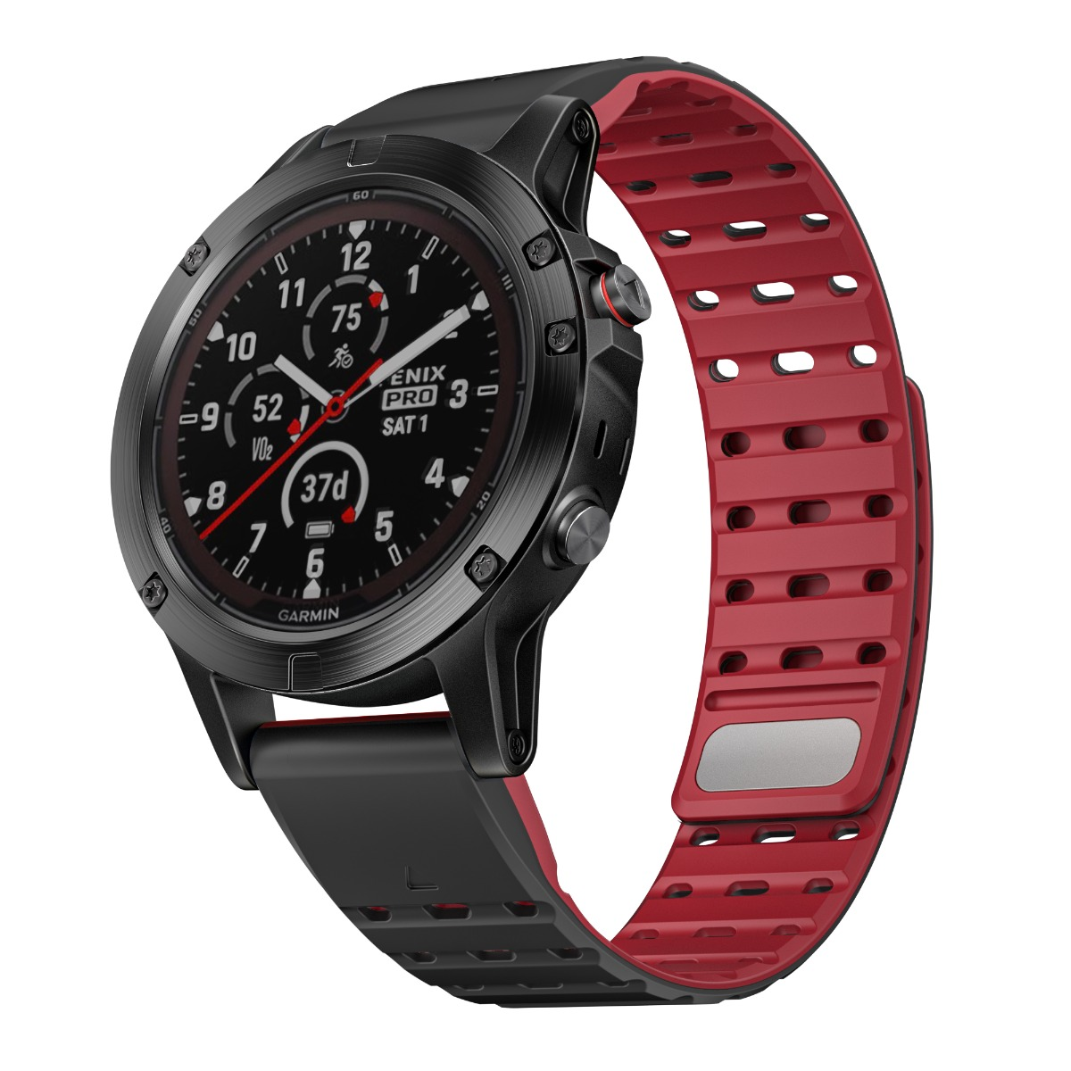 Eine schwarze Smartwatch mit rundem Display und perforiertem rot-schwarzem Silikonarmband auf weißem Hintergrund.